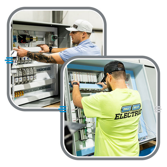 Two images stacked of MVE employees working on an electrical panel