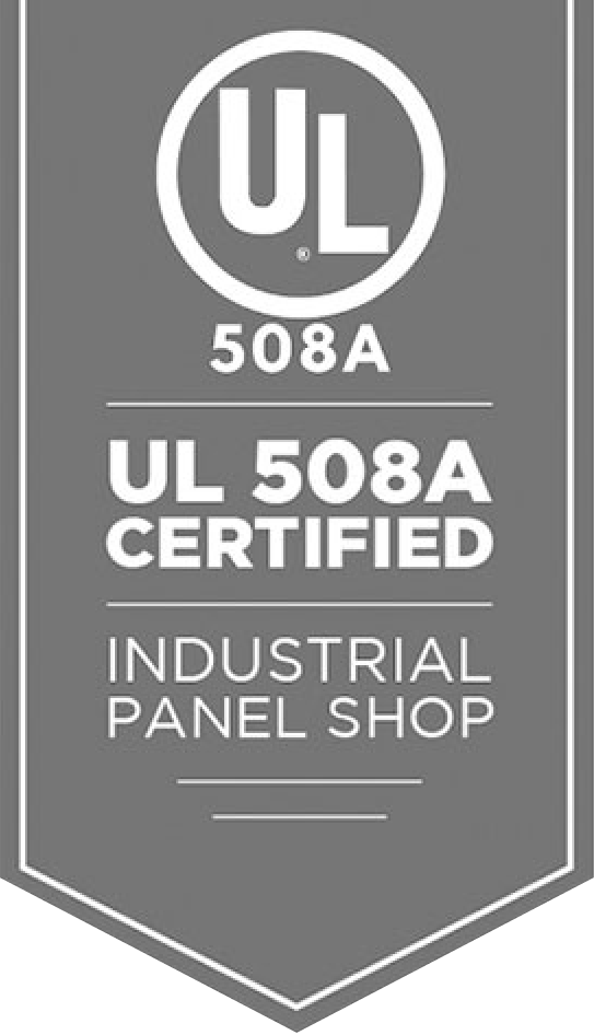 Illustrated ribbon with "UL 508A Certified. Industrial Panel Shop" written in the center of the ribbon