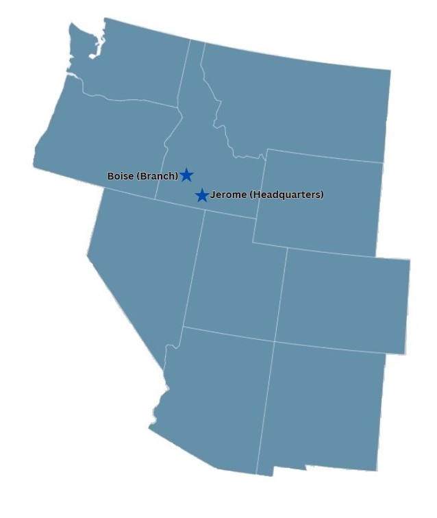 outlined image of the western states. The area near Boise and Jerome Idaho are highlighted with a star with their names written. The text "Jerome" has "headquarters" written alongside it.