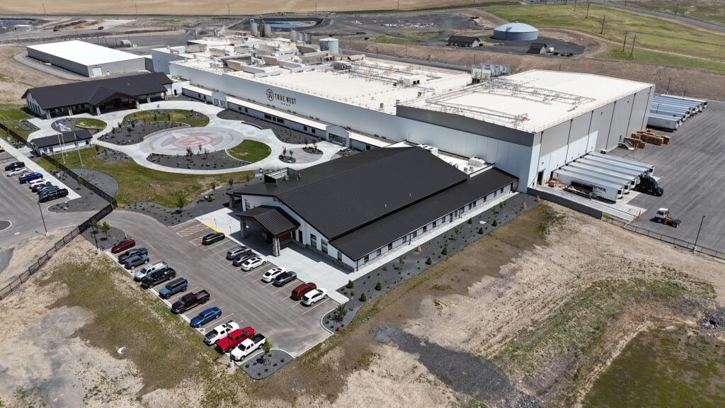 large aerial photo of True West Beef showing the front parking area with the side loading docks.