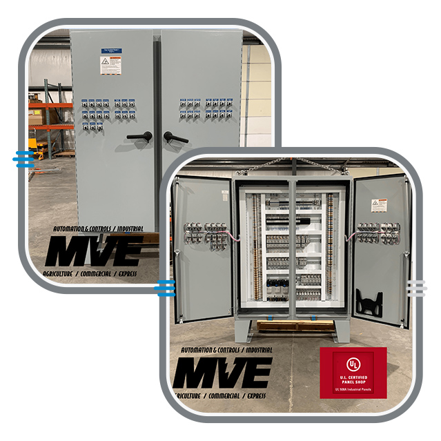 Two overlaid images of and Electical Panel open and closed. The MVE logo can be seen watermarking both images.