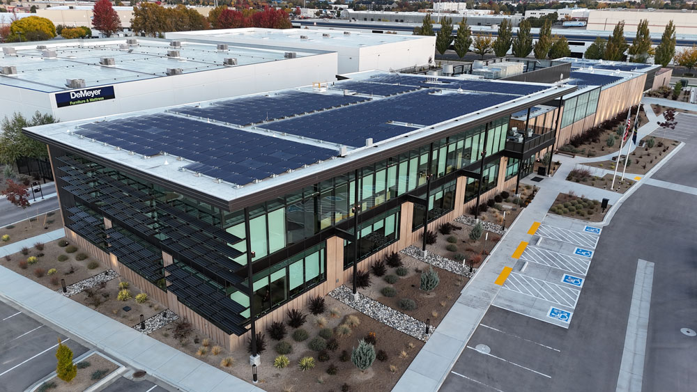 New construction electrical installation at a coroner facility in Idaho, exterior drone photo from above